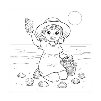 Dibujo para Colorear Niña Recogiendo Conchas