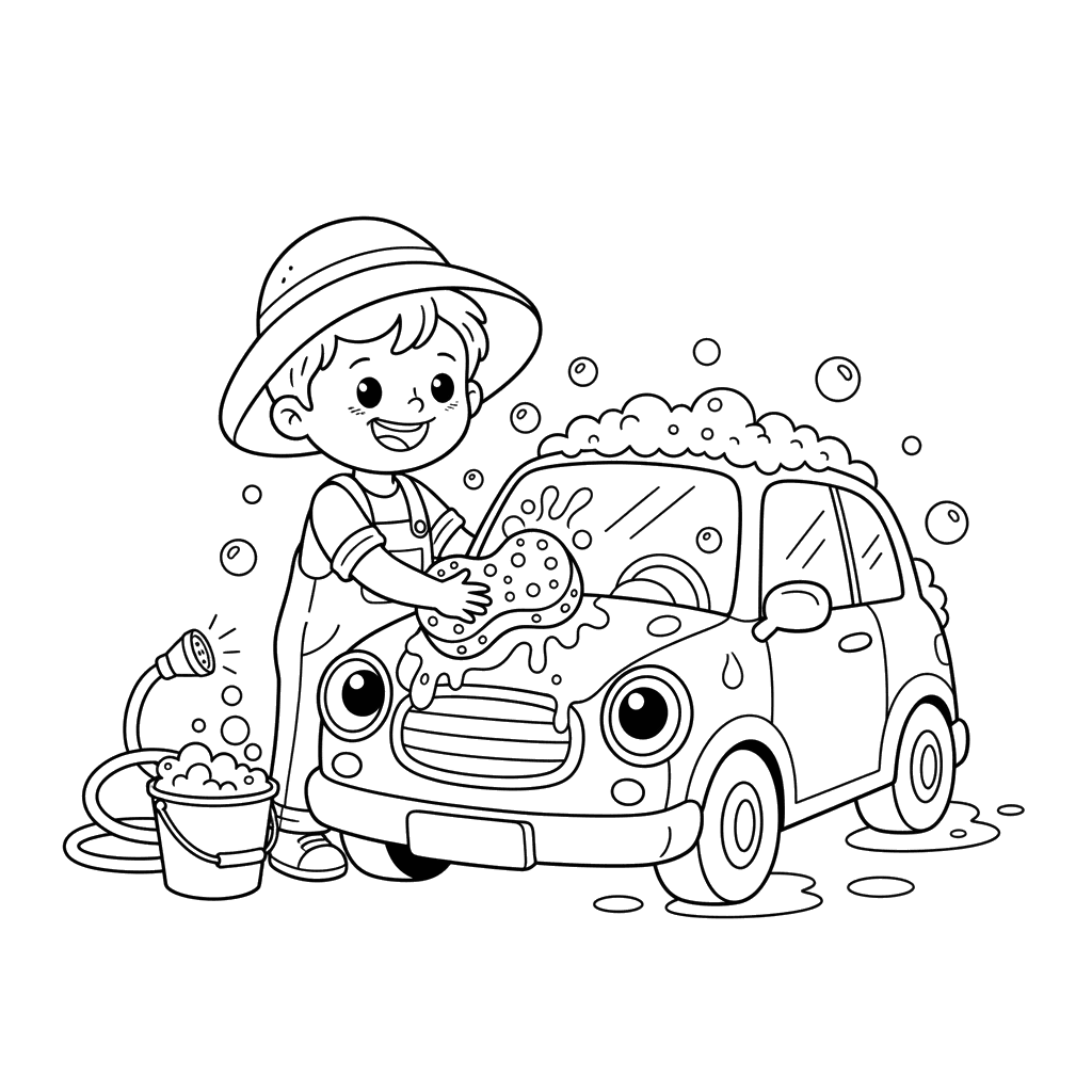 Dibujo para Colorear "Niño lavando el coche"
