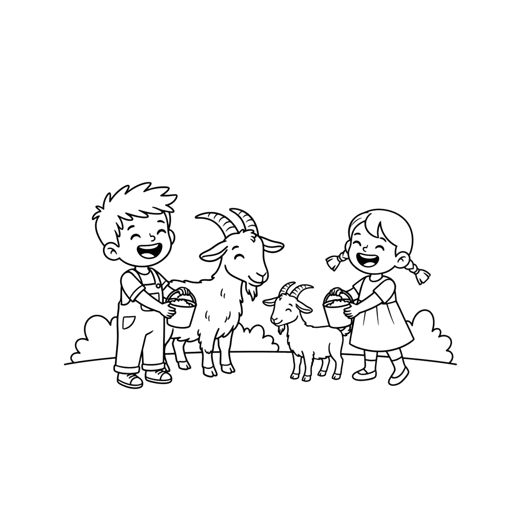 Dibujo para colorear Niños alimentando cabras