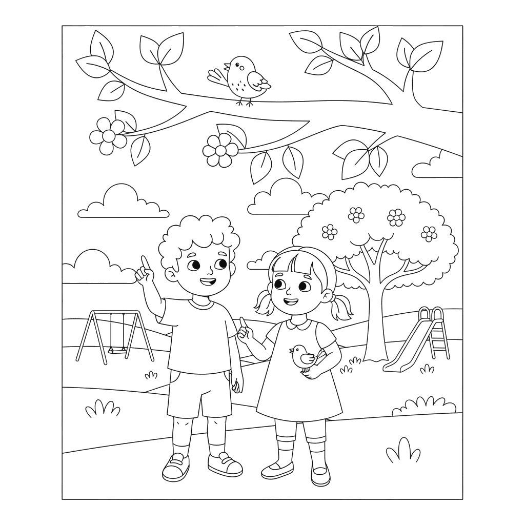 Children Watching Birds in the Park Coloring Page