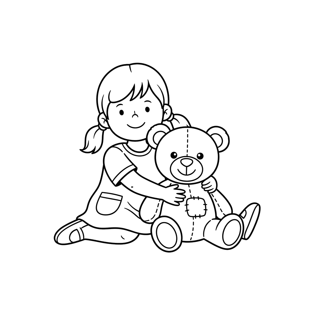 Girl Playing with Teddy Bear Coloring Page