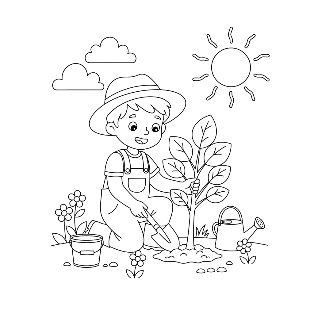 Coloriage Garçon plantant un Arbre