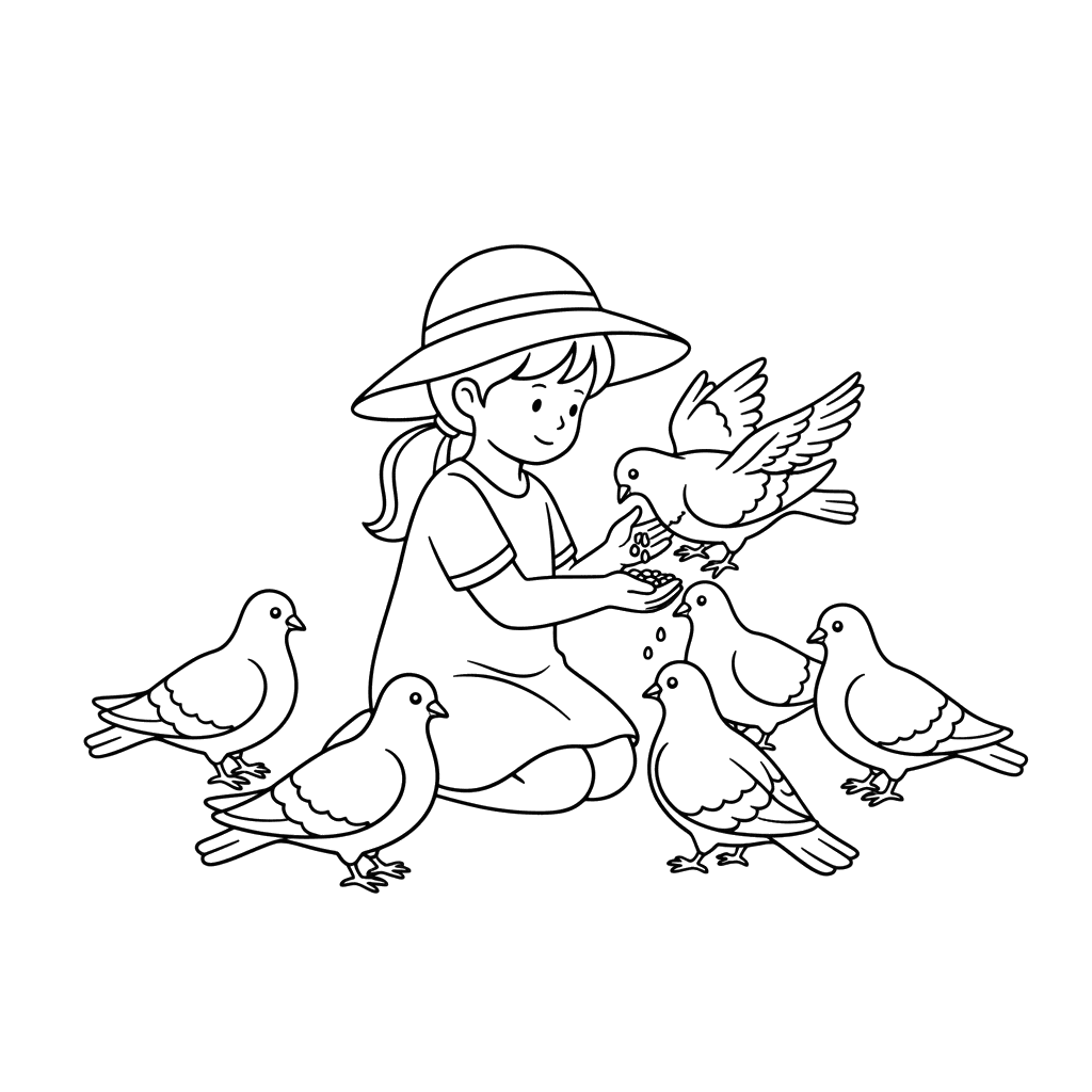 Girl Feeding Pigeons Coloring Page