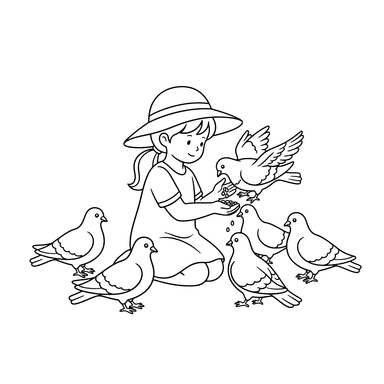 Girl Feeding Pigeons Coloring Page