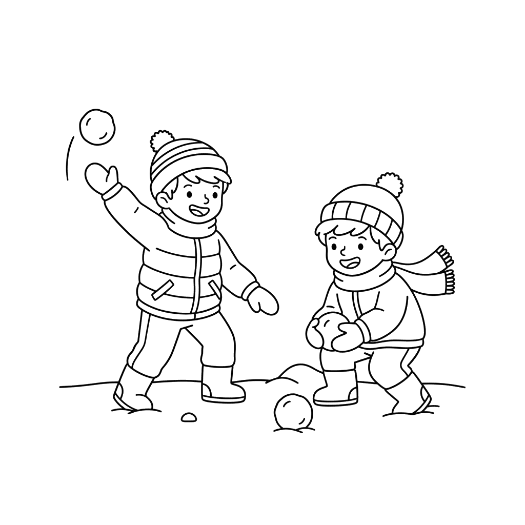 Dibujo para Colorear Niños Jugando a las Bolas de Nieve