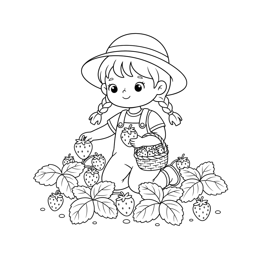 Dibujo para colorear: Niña recogiendo fresas