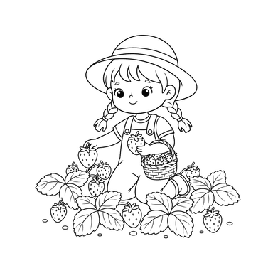 Dibujo para colorear: Niña recogiendo fresas