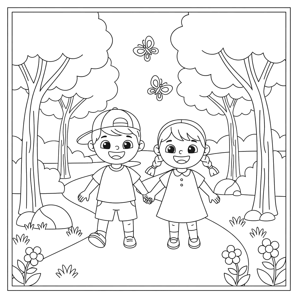 Dibujo para Colorear Niños en un Sendero del Bosque