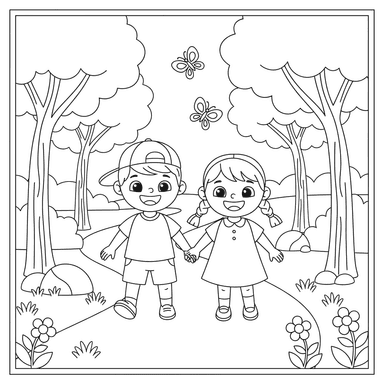 Coloriage Enfants sur un Sentier Forestier