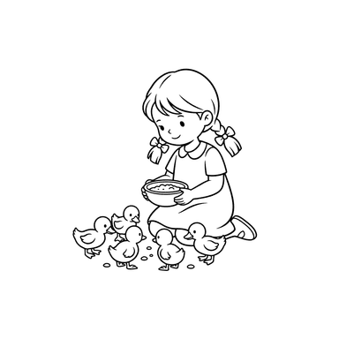 Dibujo para Colorear Niña Alimentando Patitos