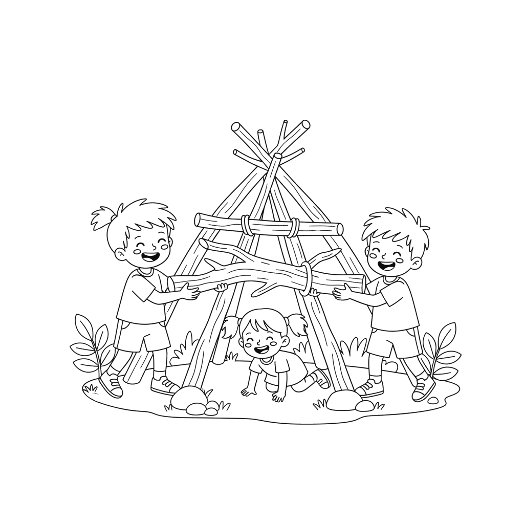 Dibujo para colorear: Niños construyendo una cabaña de ramas
