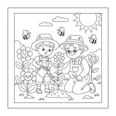 Dibujo para Colorear "Niño Ayudando al Abuelo en el Jardín"