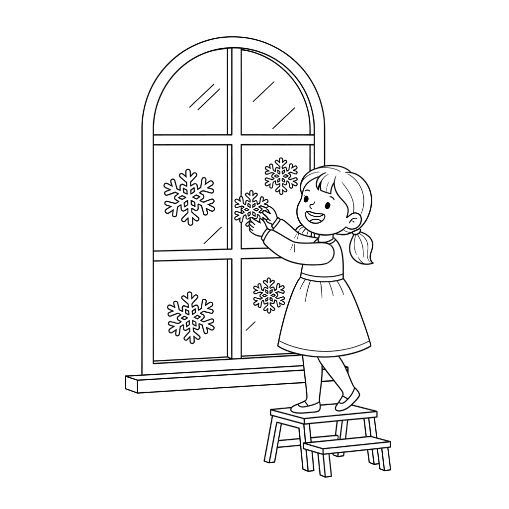 Dibujo para colorear: Niña decorando ventana con copos de nieve