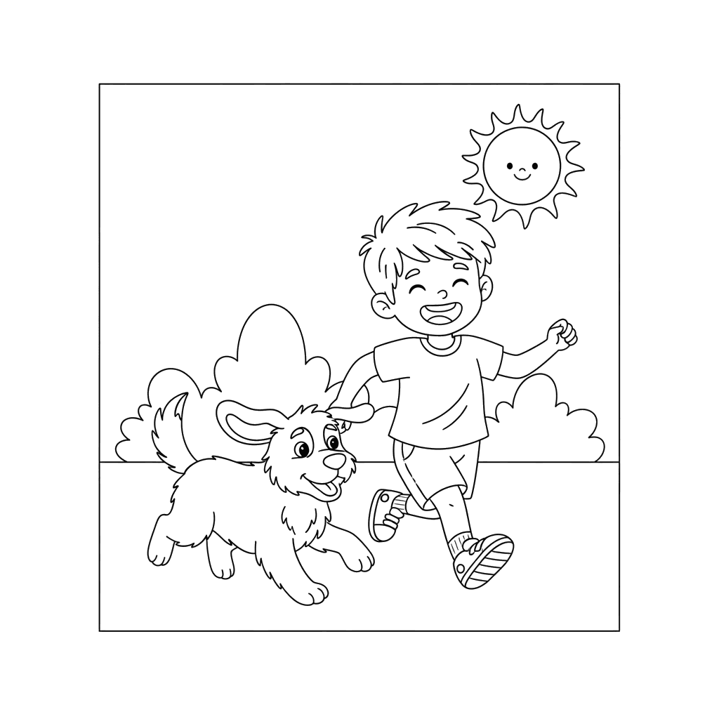 Dibujo para Colorear: Niño jugando con perro en el patio