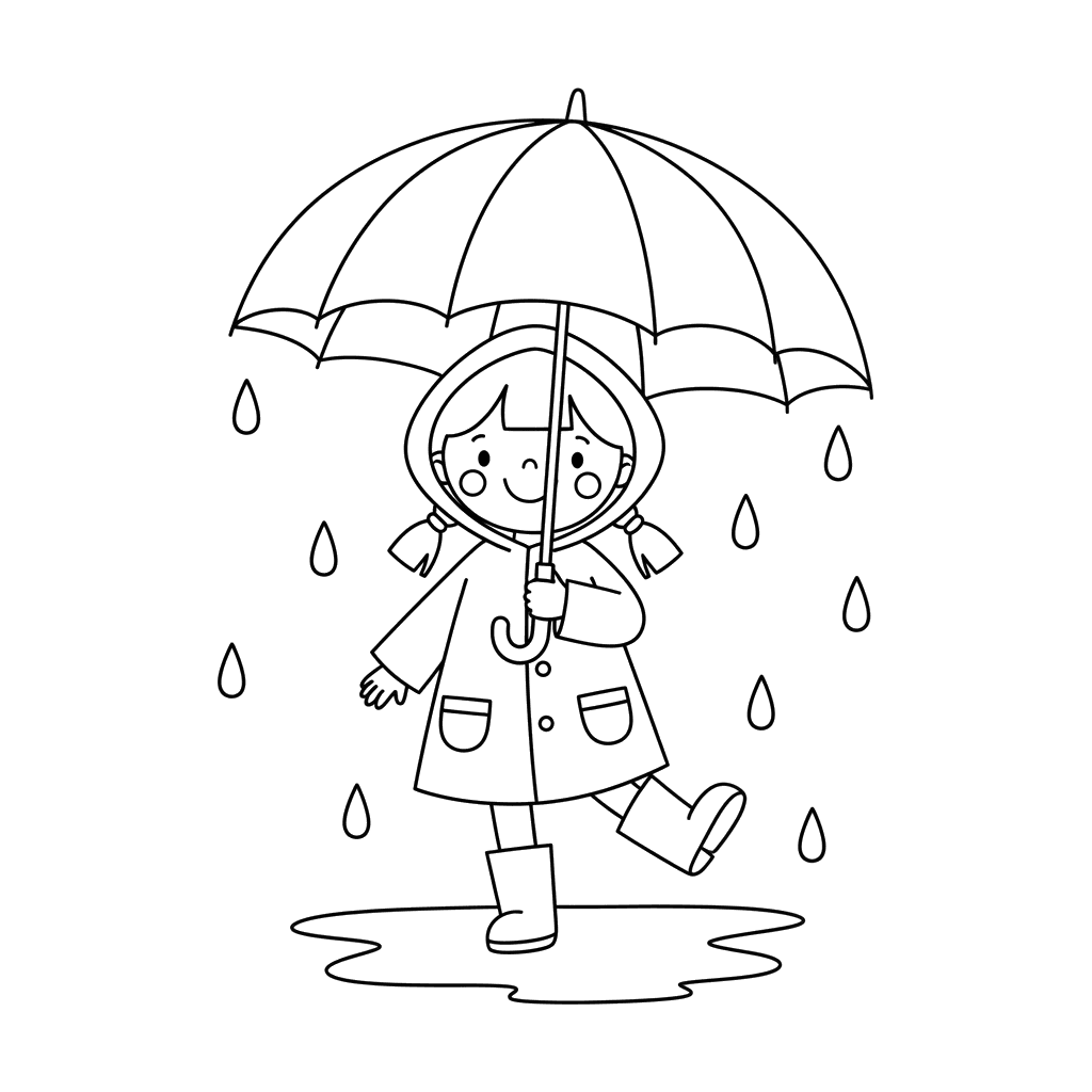 Dibujo para colorear Niña con paraguas bajo la lluvia