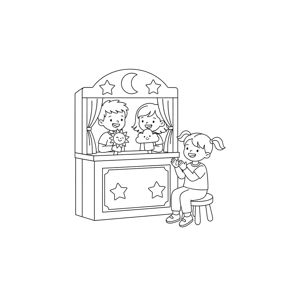 Dibujo para Colorear Niños Jugando al Teatro de Títeres