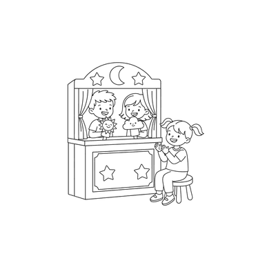 Coloriage Enfants Jouant au Théâtre de Marionnettes