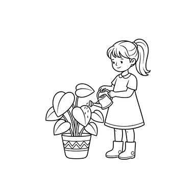 Girl Watering Houseplant Coloring Page