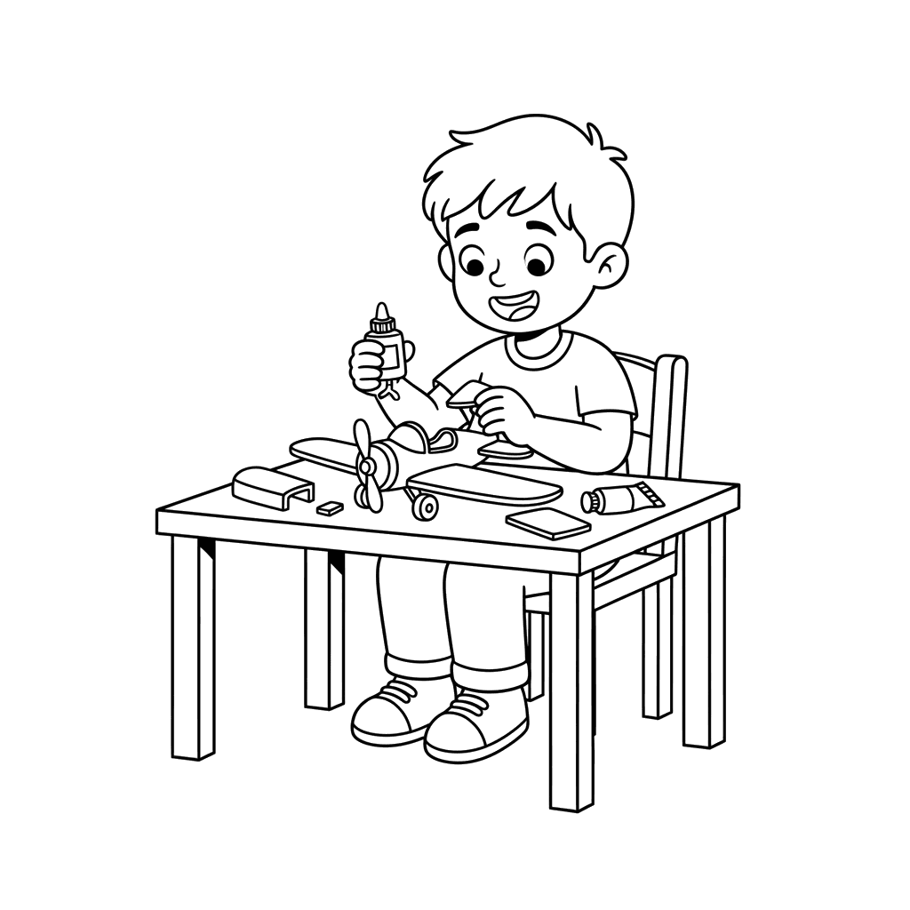Dibujo para Colorear Niño Construyendo Avión de Juguete