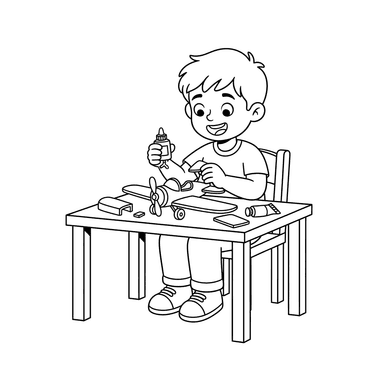 Dibujo para Colorear Niño Construyendo Avión de Juguete