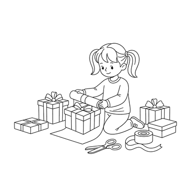Dibujo para Colorear Niña Empacando Regalos