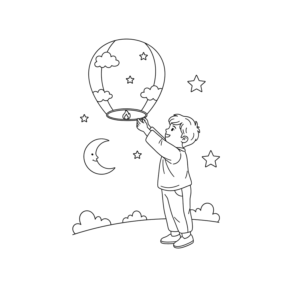 Dibujo para Colorear: Niño Lanzando una Linterna Voladora