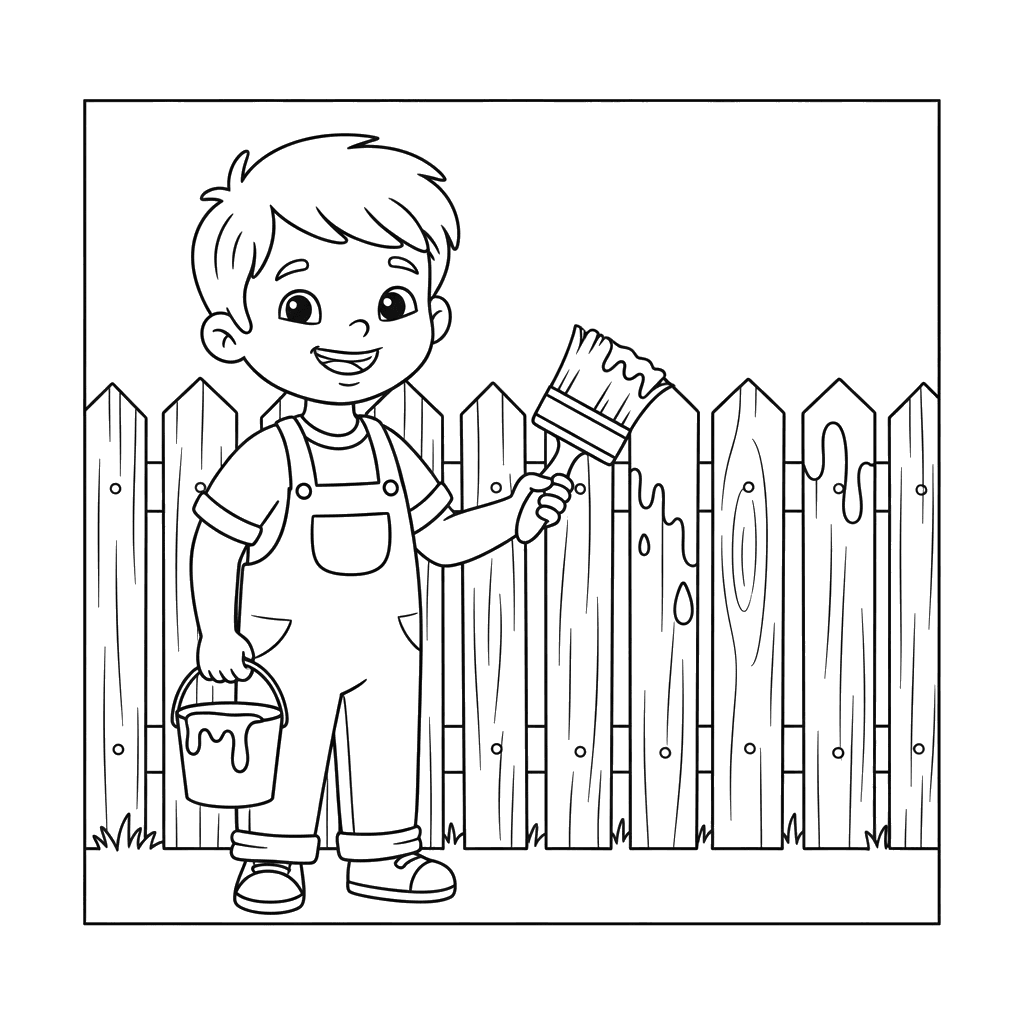 Dibujo para colorear: Niño pintando una valla