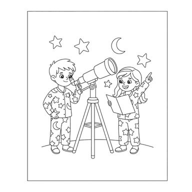 Coloriage Enfants Observant les Étoiles avec un Télescope