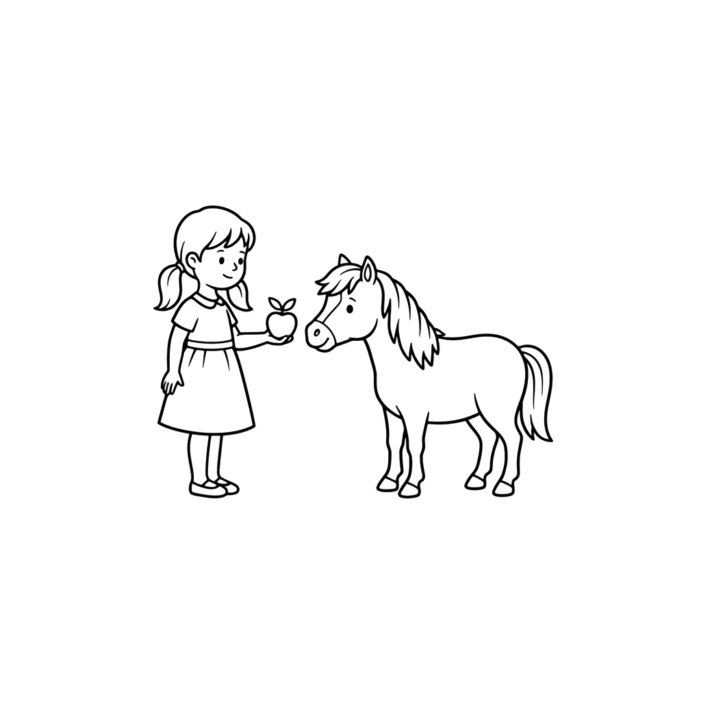 Dibujo para Colorear Niña Alimentando un Pony