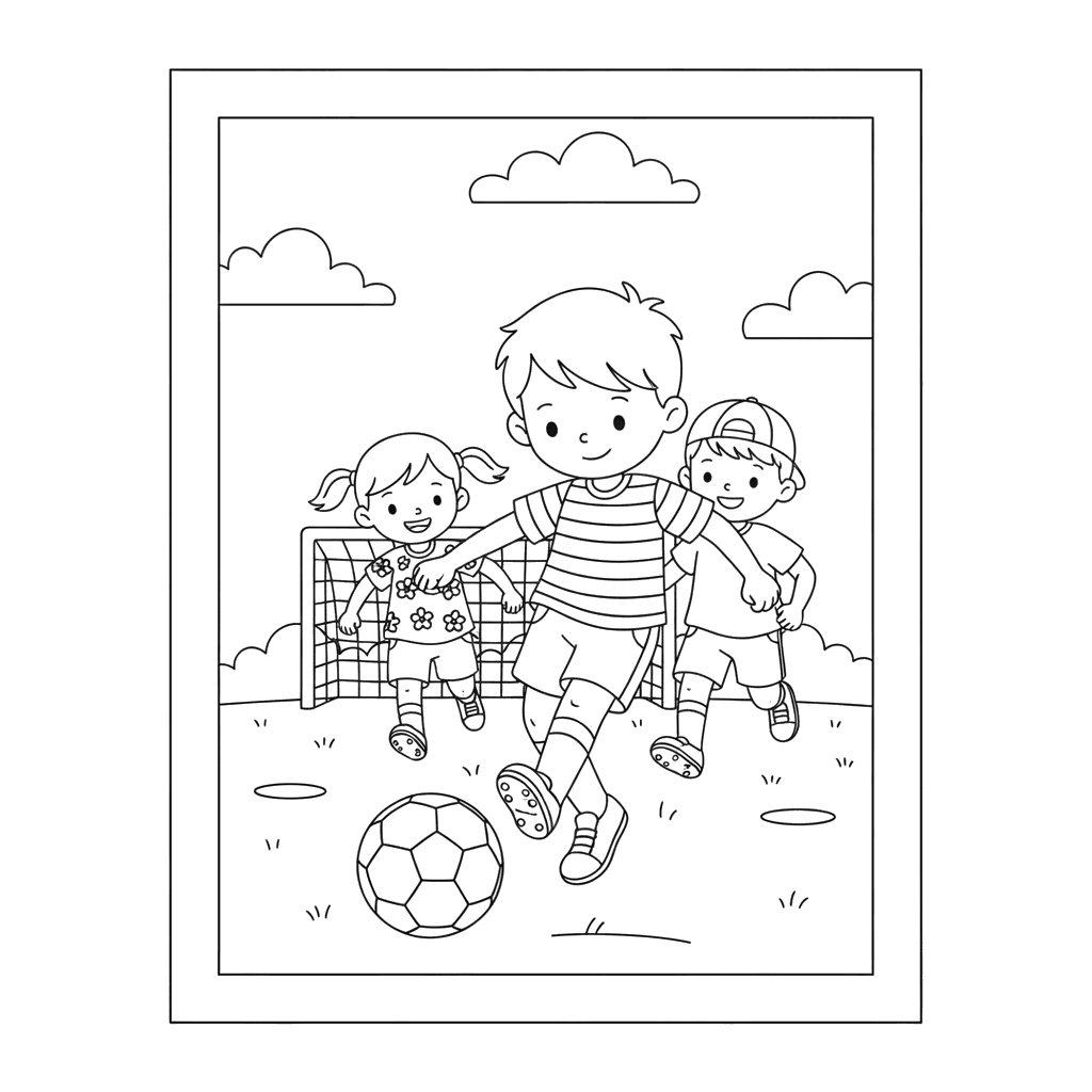 ColorBoom: Dibujo para colorear Niño jugando al fútbol con amigos