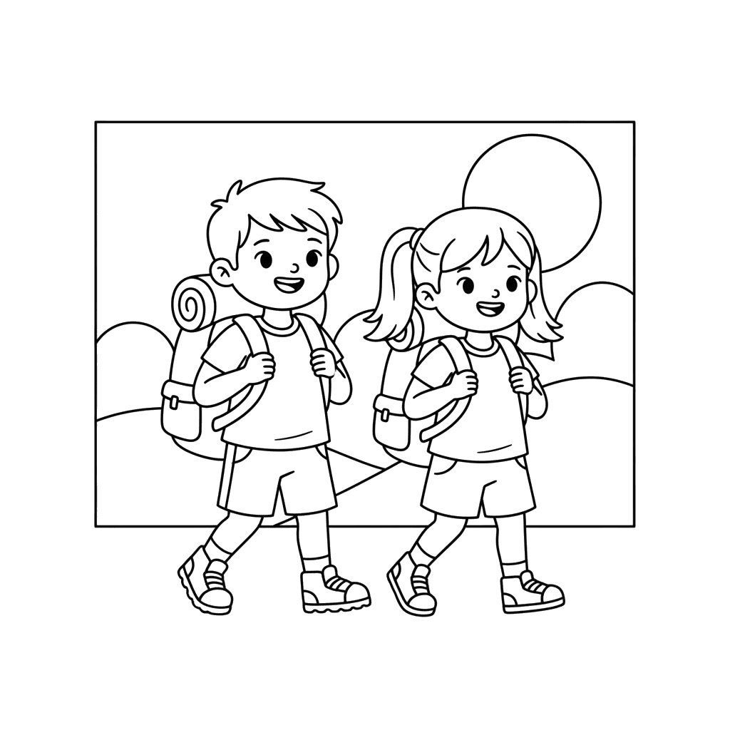Dibujo para colorear Niños de excursión con mochilas
