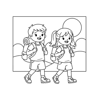 Kids Hiking with Backpacks Coloring Page