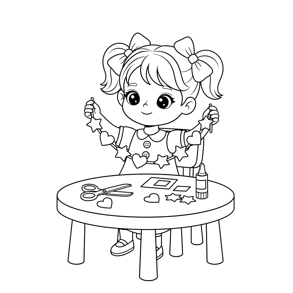 Dibujo para Colorear: Niña Haciendo Guirnalda de Papel