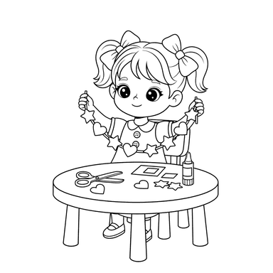 Coloriage Fille Faisant une Guirlande en Papier