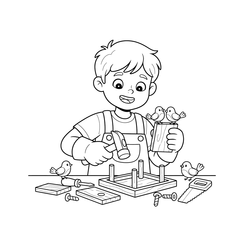 Dibujo para Colorear Niño Construyendo un Comedero para Pájaros