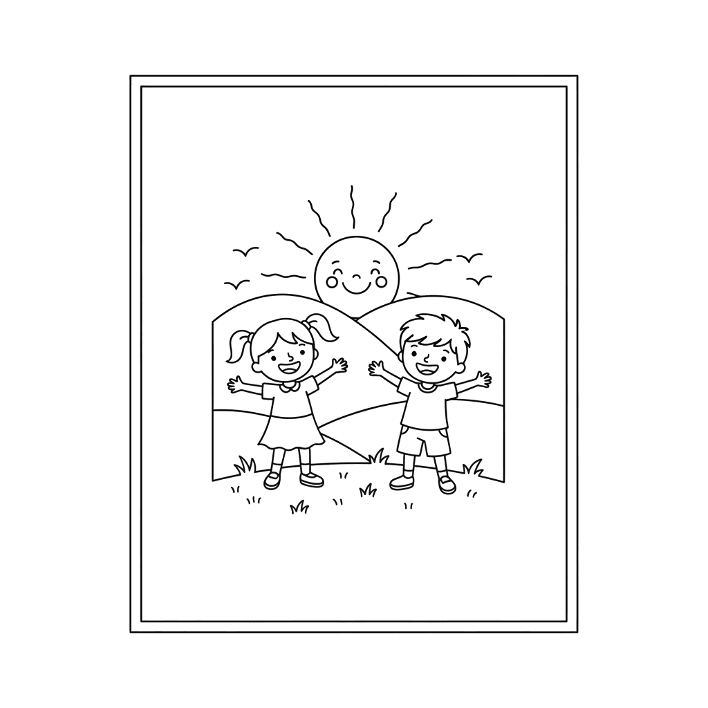 Dibujo para Colorear Niños Saludando el Amanecer en la Naturaleza