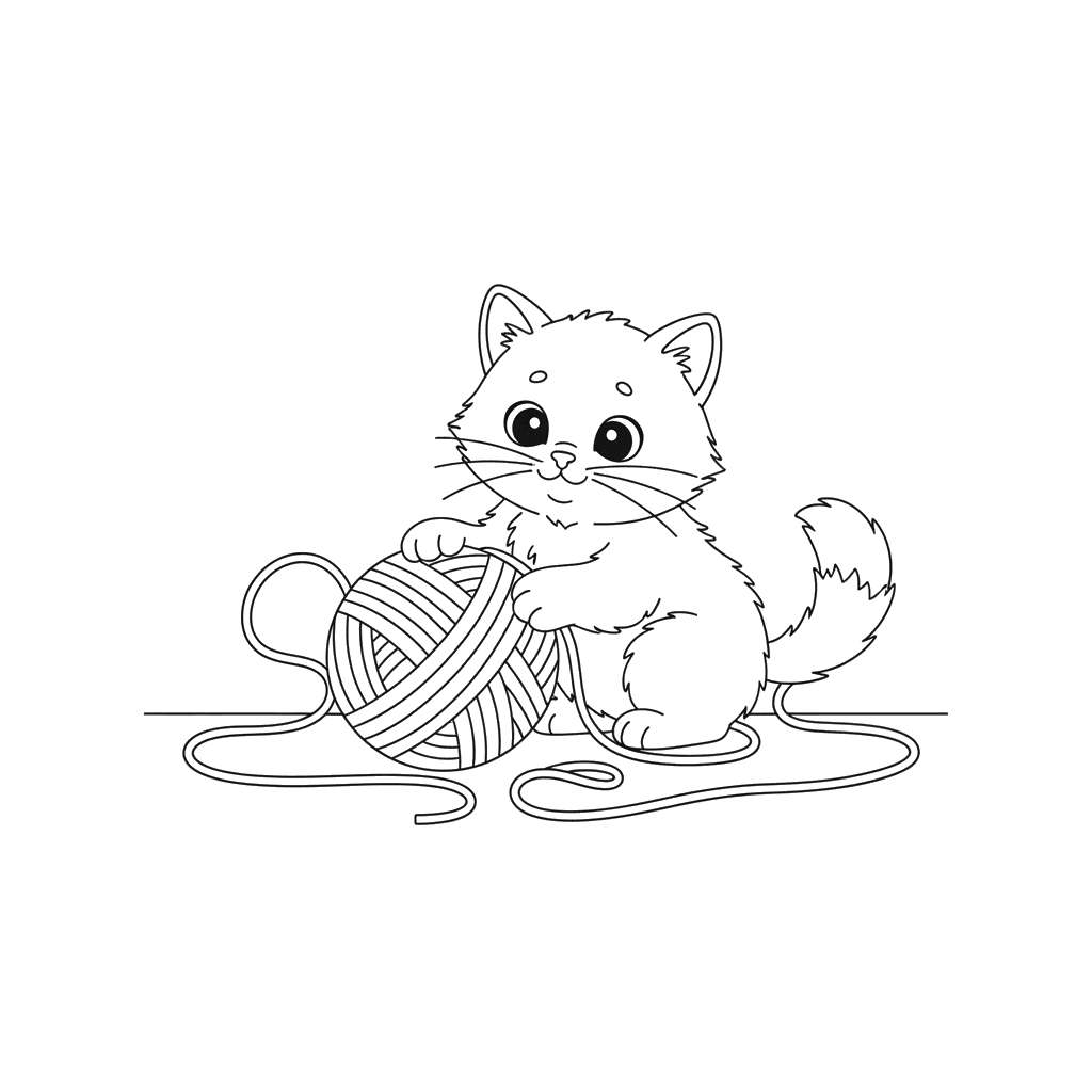 Coloriage Chaton avec Pelote de Laine