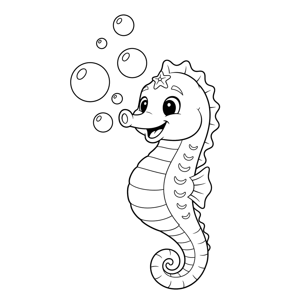 Happy Seahorse Blowing Bubbles Coloring Page