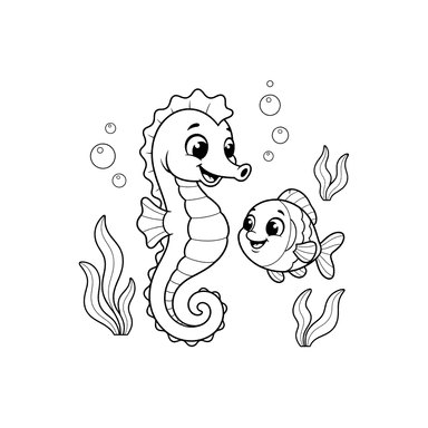 Dancing Seahorse and Fish Coloring Page