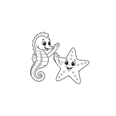 Seahorse and Starfish Waving Coloring Page