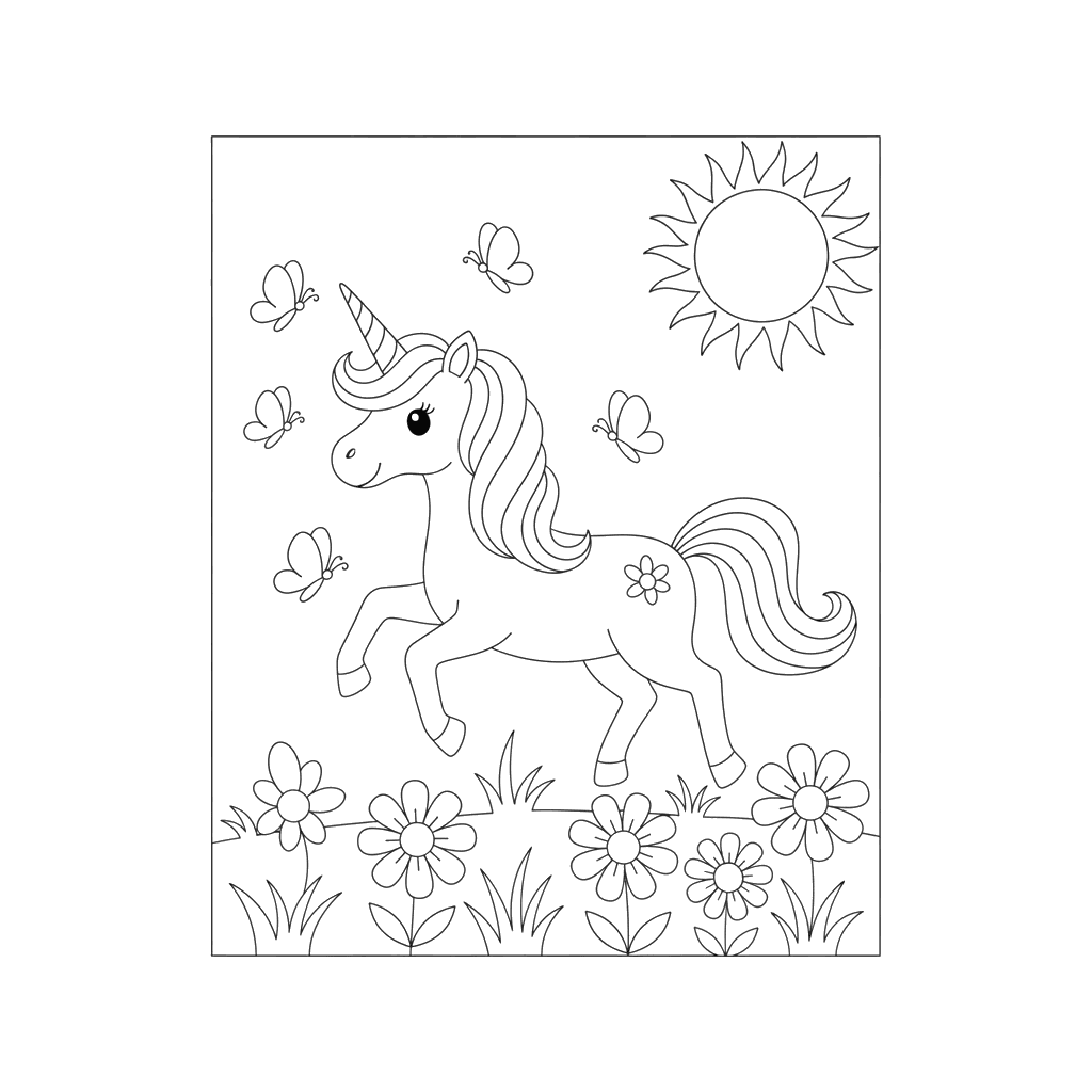 Unicorn and Butterflies Coloring Page