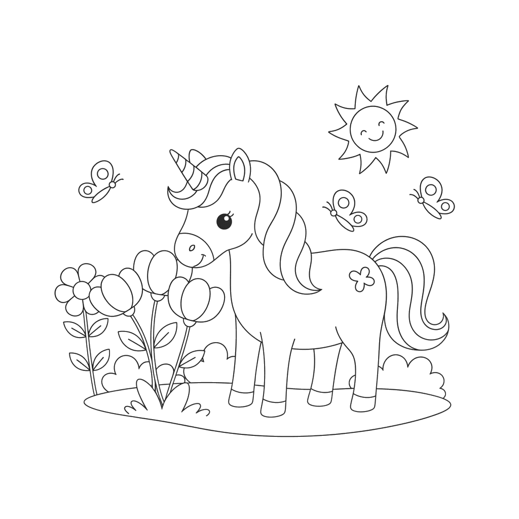 Unicorn Picking Spring Flowers Coloring Page
