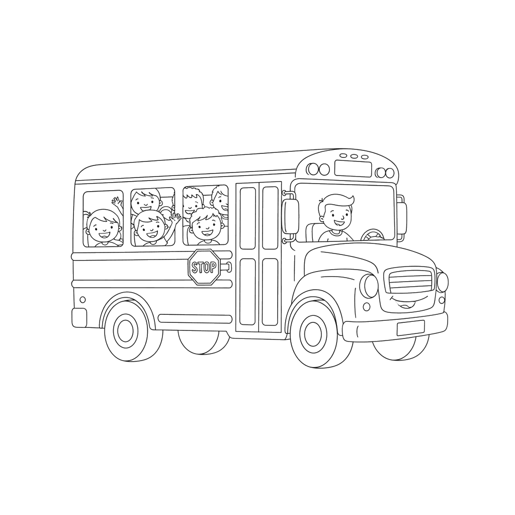 School Bus with Children Coloring Page
