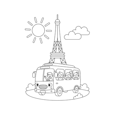 Tourist Bus and Landmark Coloring Page