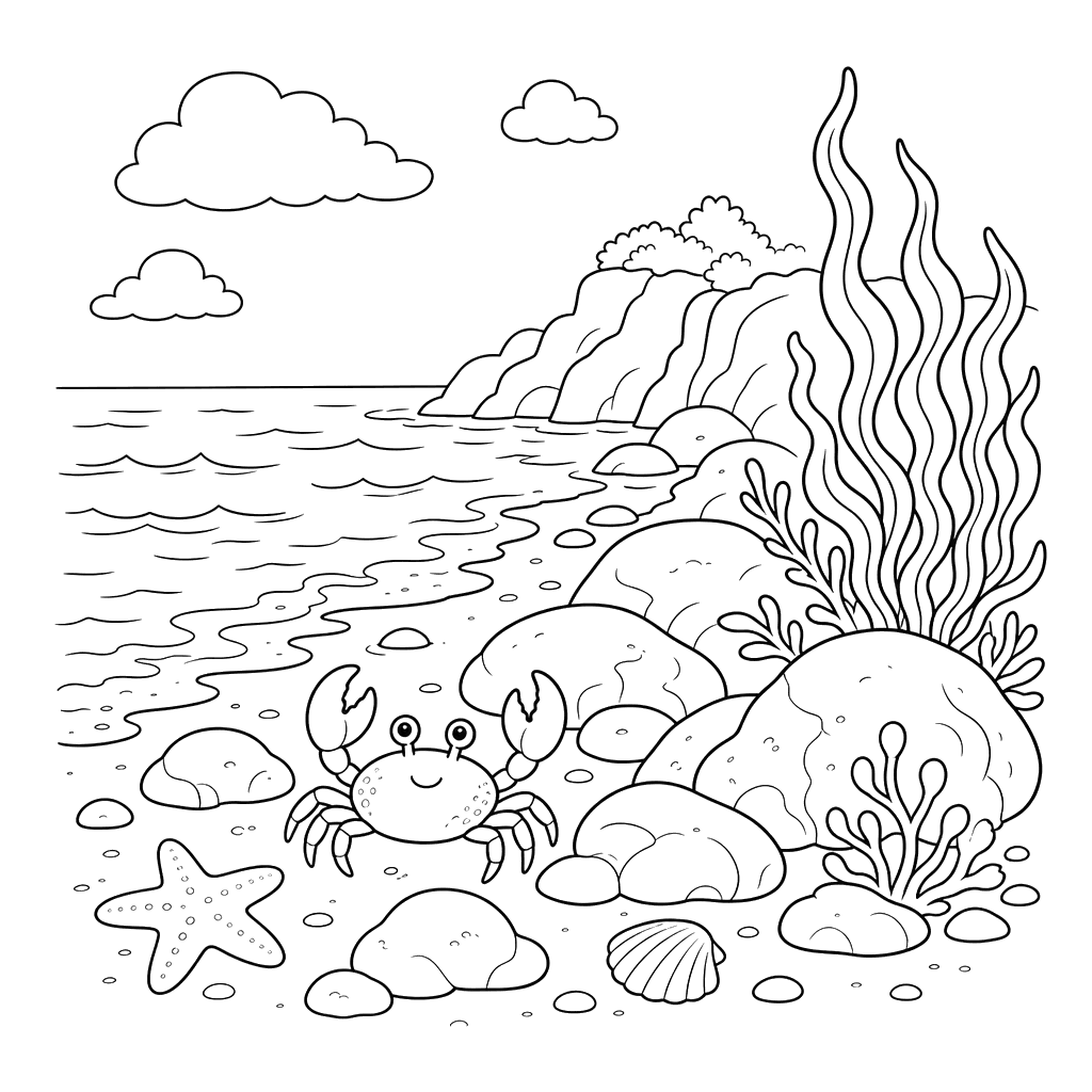 Coastal Landscape with Rocks and Seaweed Coloring Page