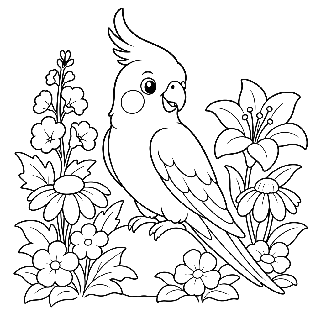 Cockatiel among garden flowers