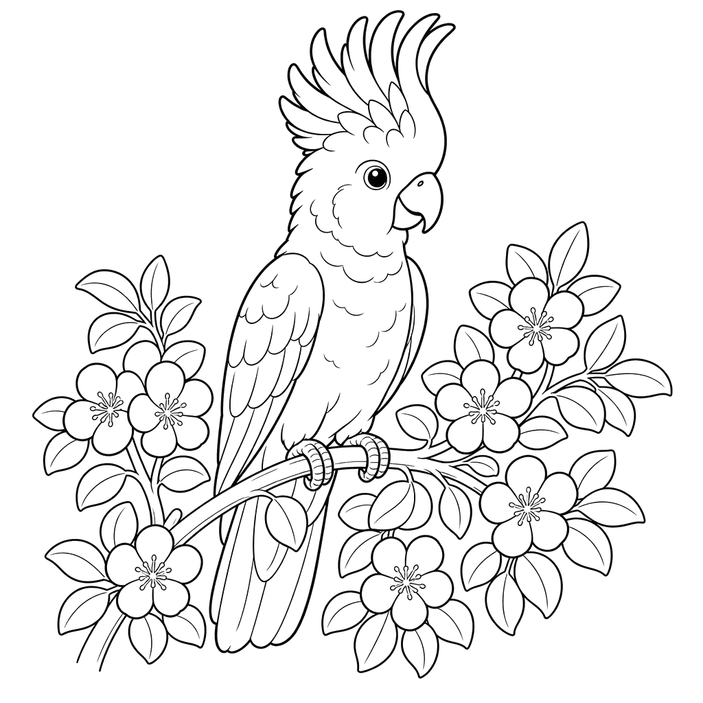 Cockatoo on Flowering Shrub Coloring Page