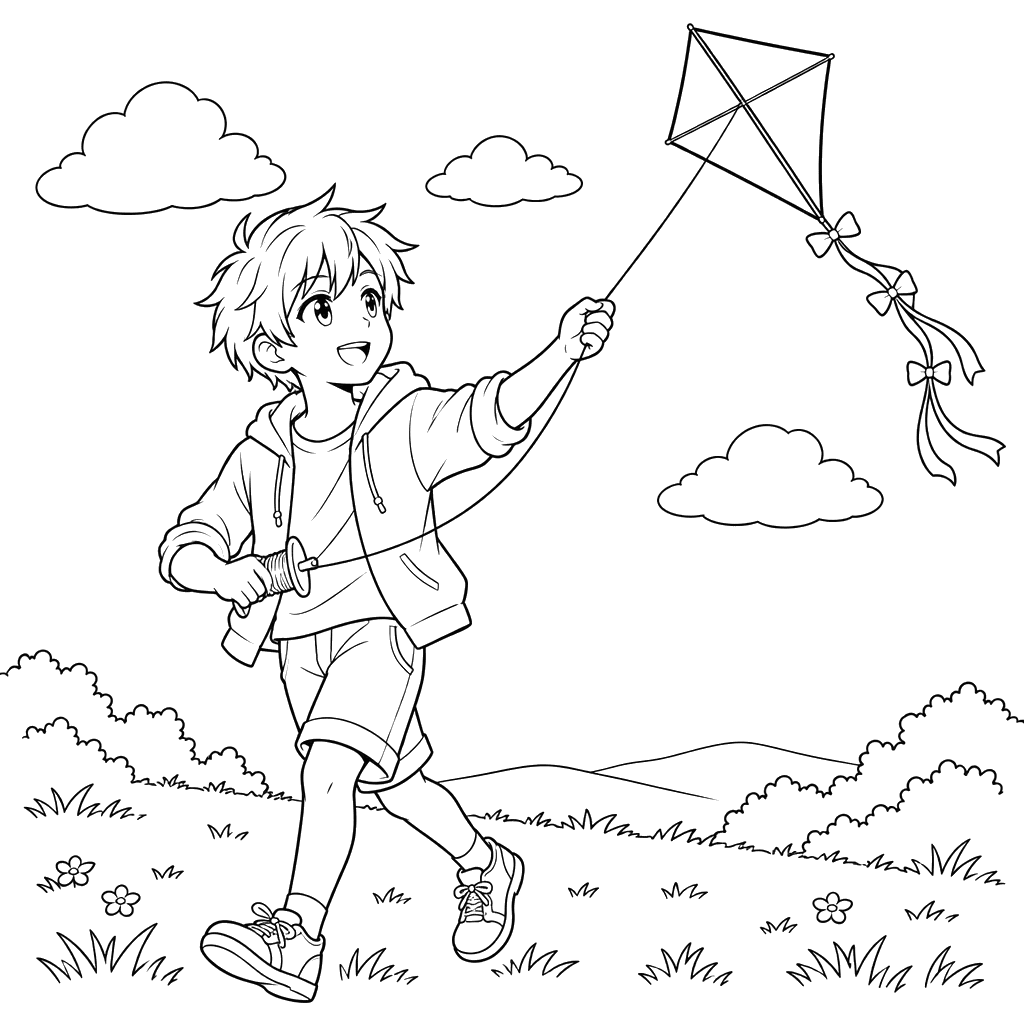 Anime Boy with a Kite Coloring Page