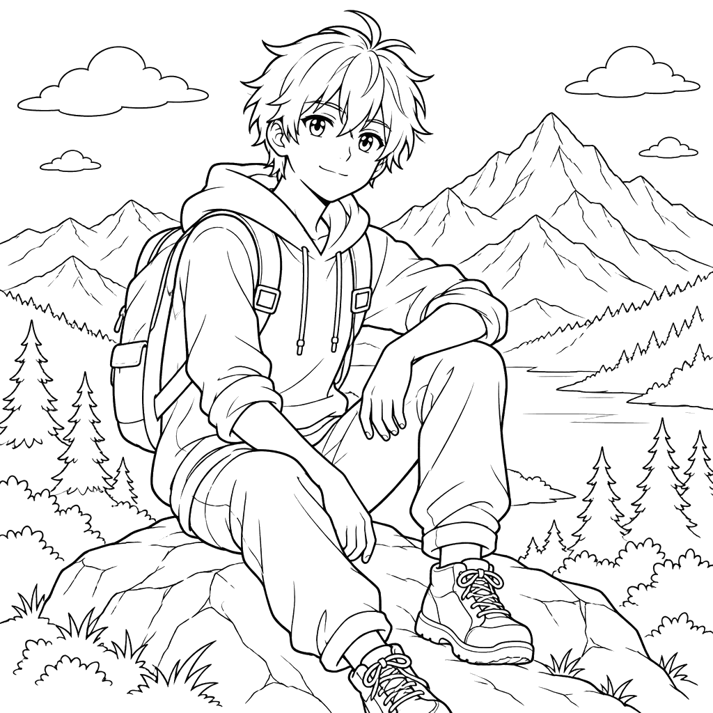 Anime Hiker in the Mountains Coloring Page