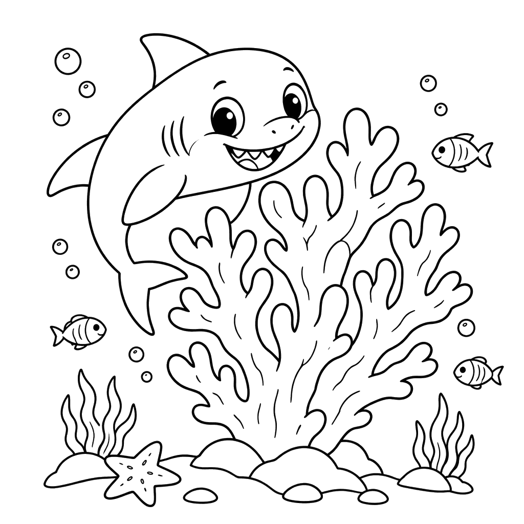 Baby Shark Behind a Big Coral Coloring Page